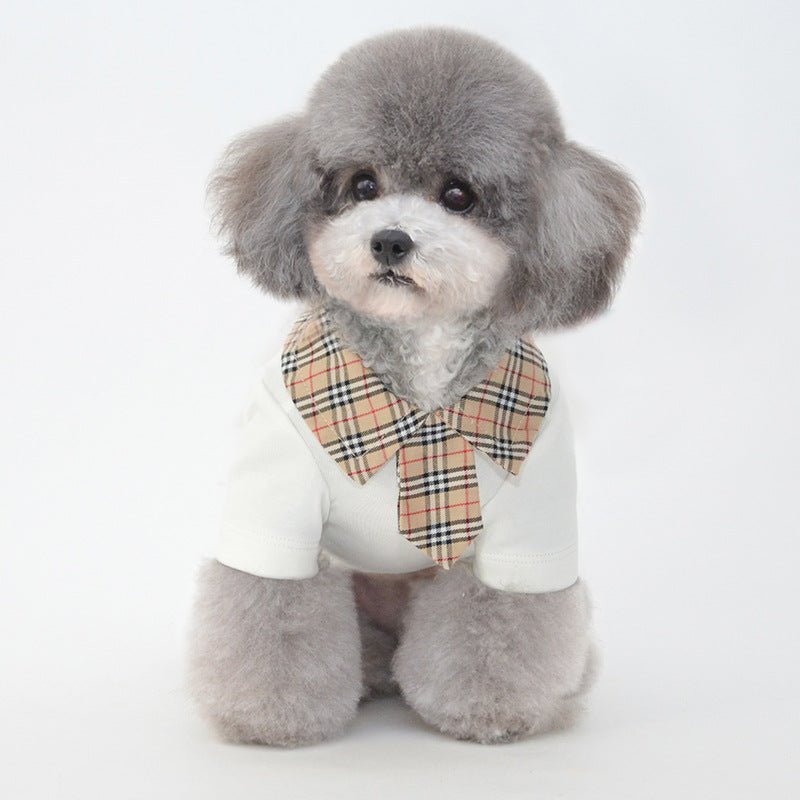 Small dog summer shirt with plaid collar and white short sleeves