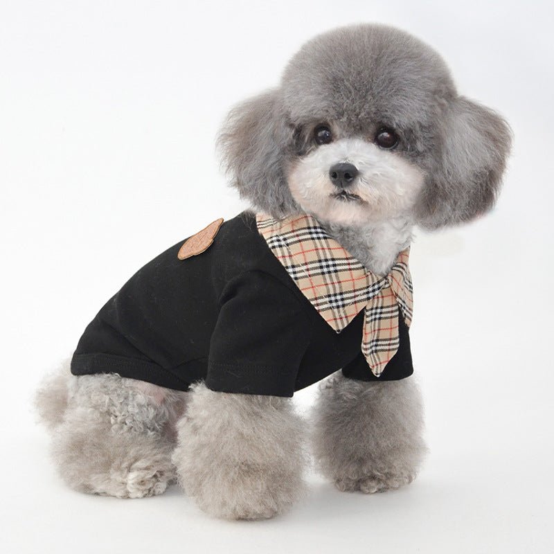 Small dog black short-sleeve shirt with plaid collar and tan shoulder patch
