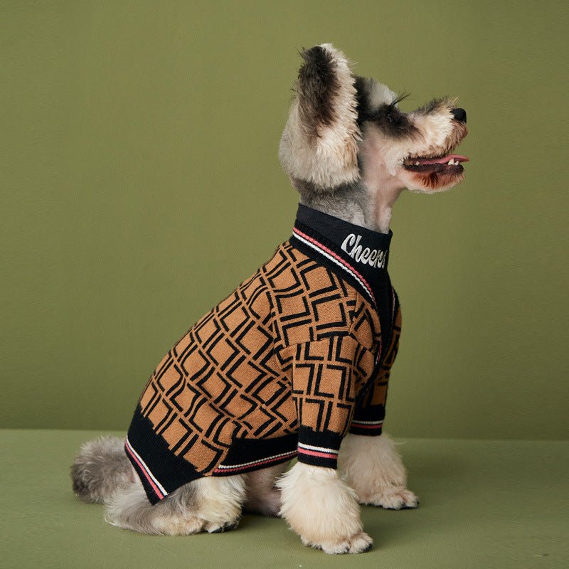 Dog sweater in black and tan geometric knit, striped ribbed collar and cuffs