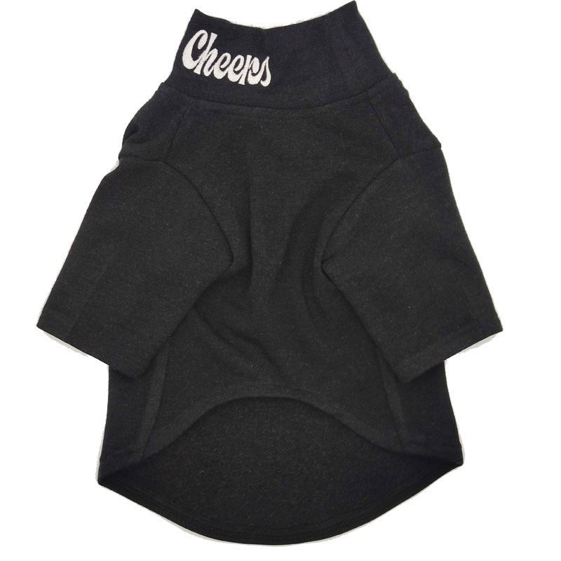 Black dog sweater with white logo at the neck and curved knit hem