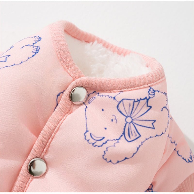 Pink dog cotton coat close-up with bear print, ribbed neckline, and metal buttons