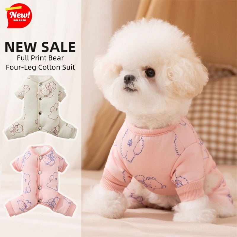 Pink bear-print four-leg dog cotton coat with button front and ribbed collar