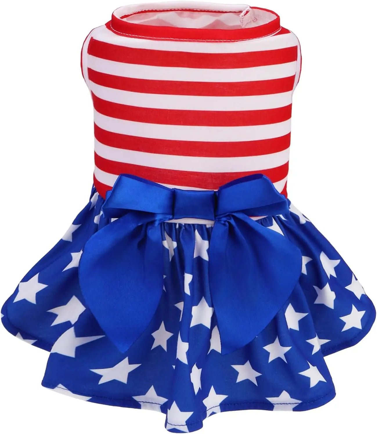 Americana dog dress with red striped top, blue star skirt, and blue bow waist