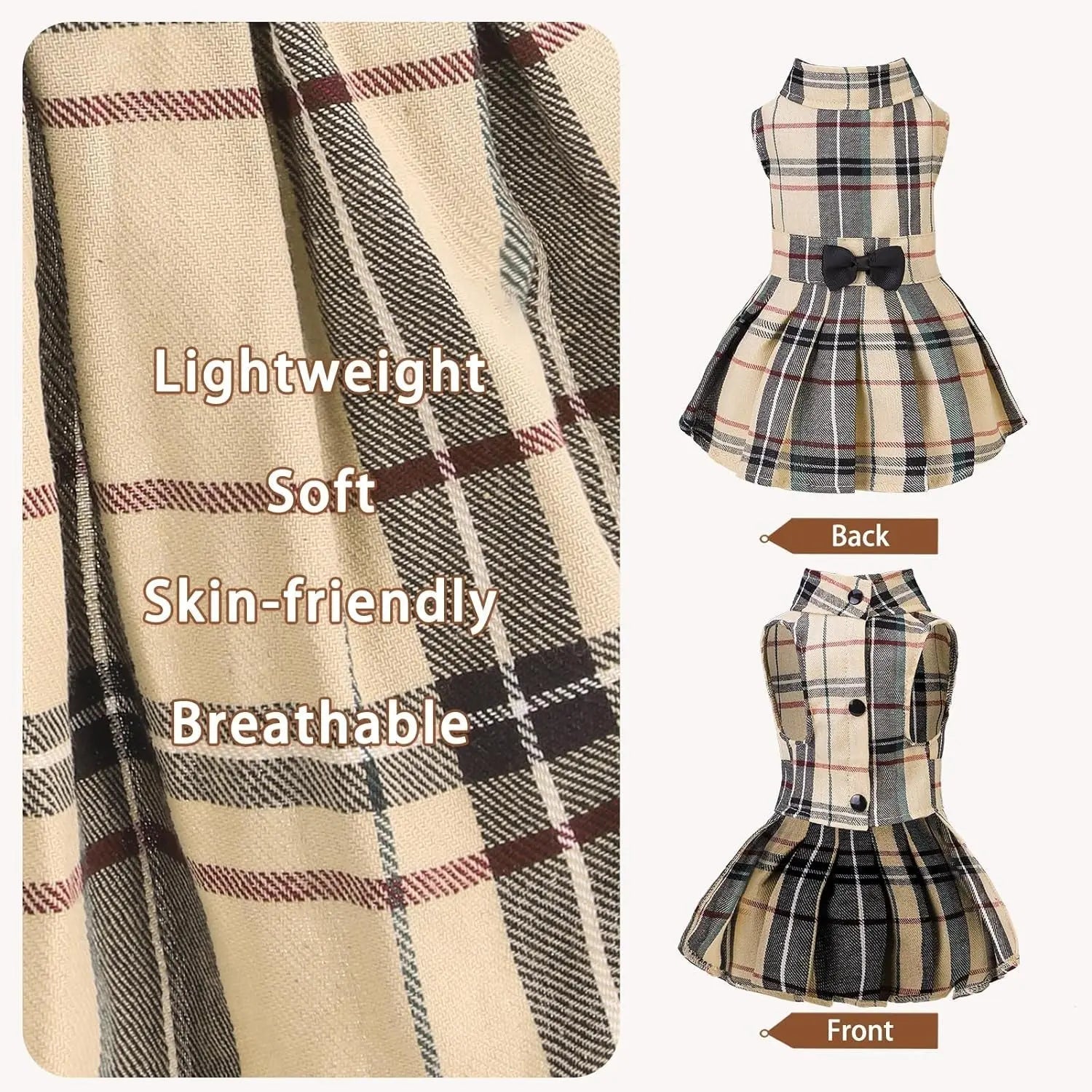 Plaid sleeveless dog dress with black bow, breathable cotton style