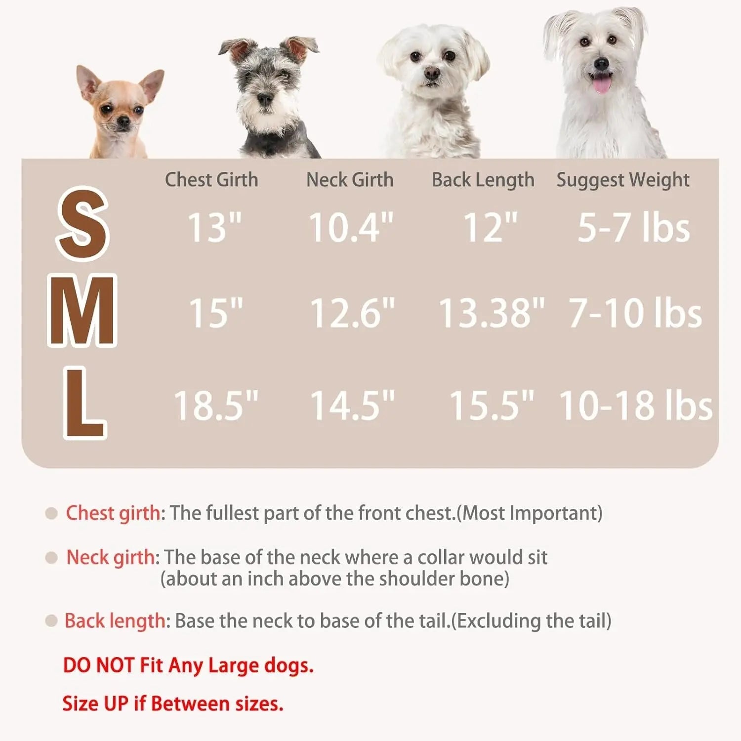 Dog dress size chart panel with S M L chest, neck, and back length