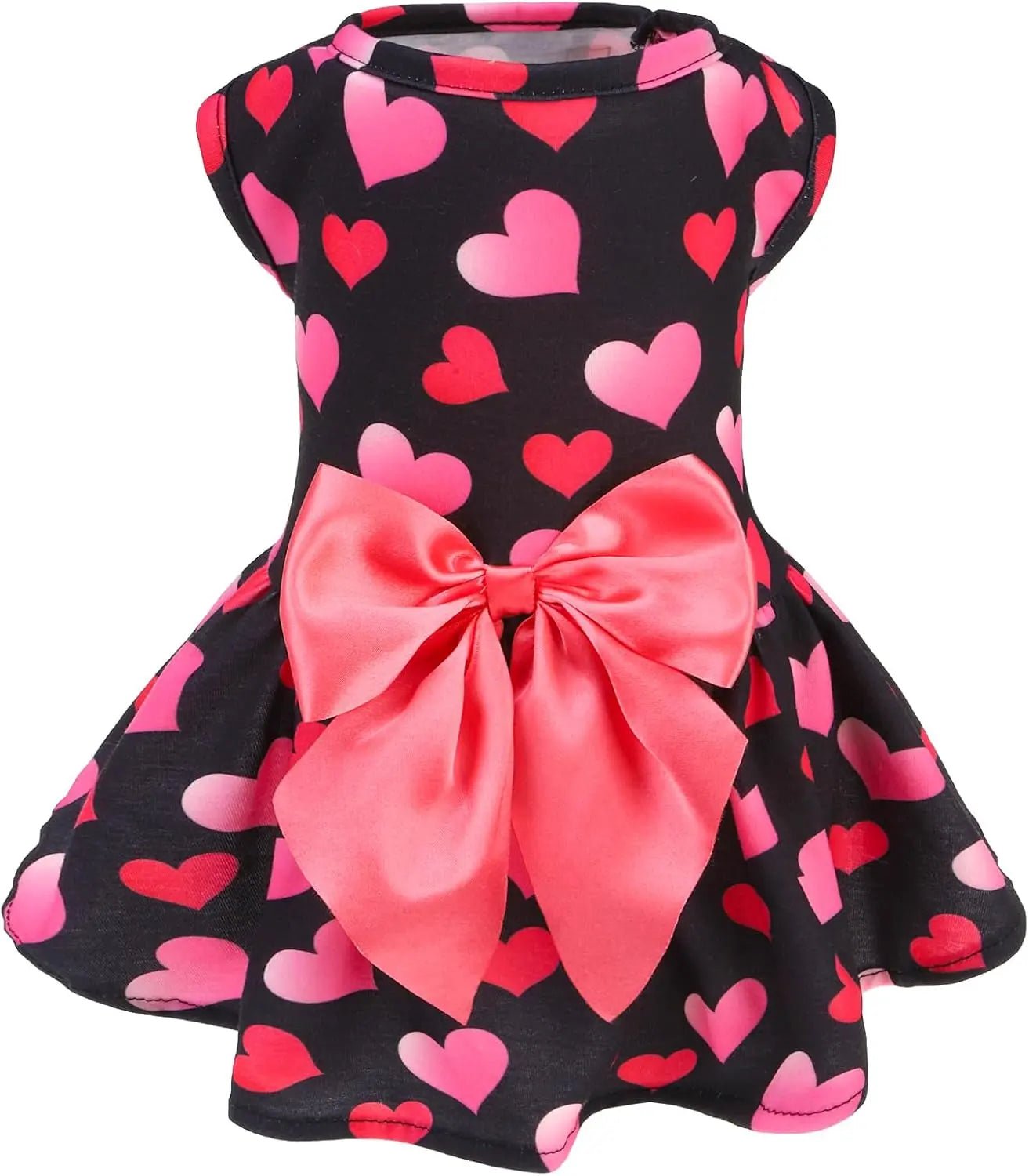 Black dog dress with pink heart pattern and satin bow at the waist