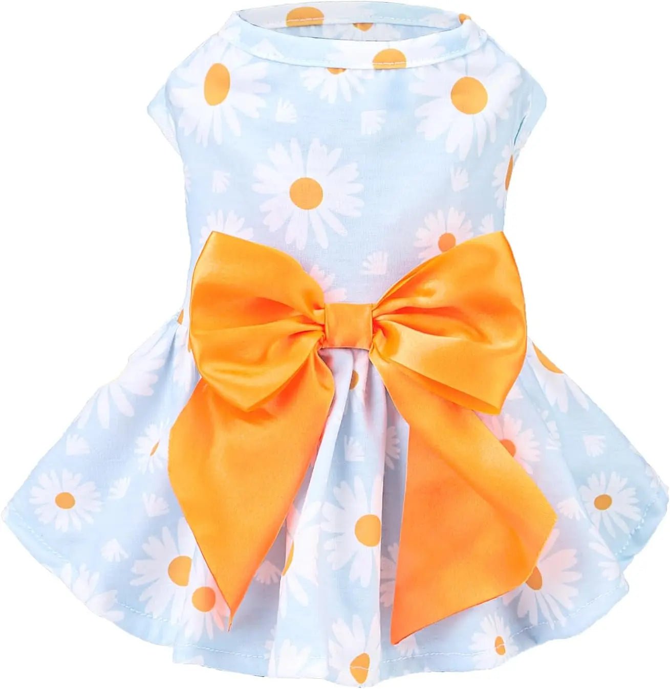 Light blue daisy dog dress with orange satin bow and flared tulle skirt