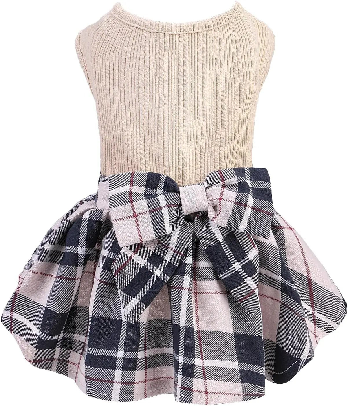 Beige cable-knit dog dress with navy plaid skirt and satin bow