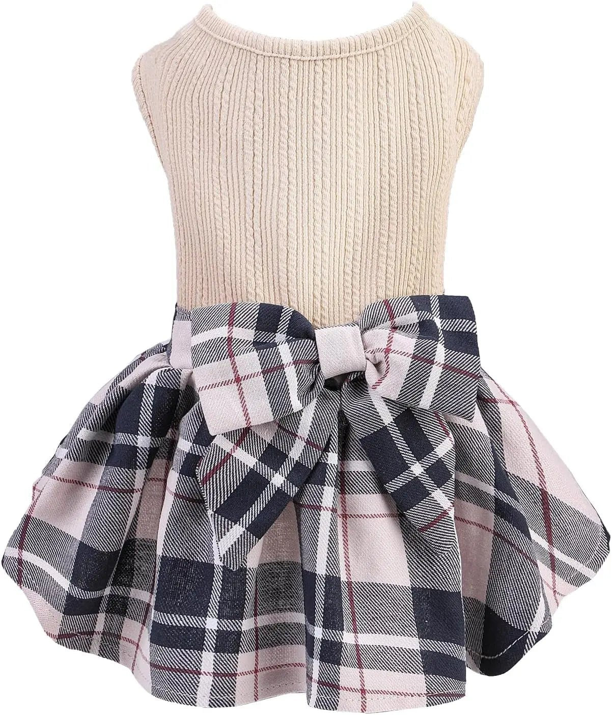 Beige knit dog dress with navy-and-gray plaid skirt and bow
