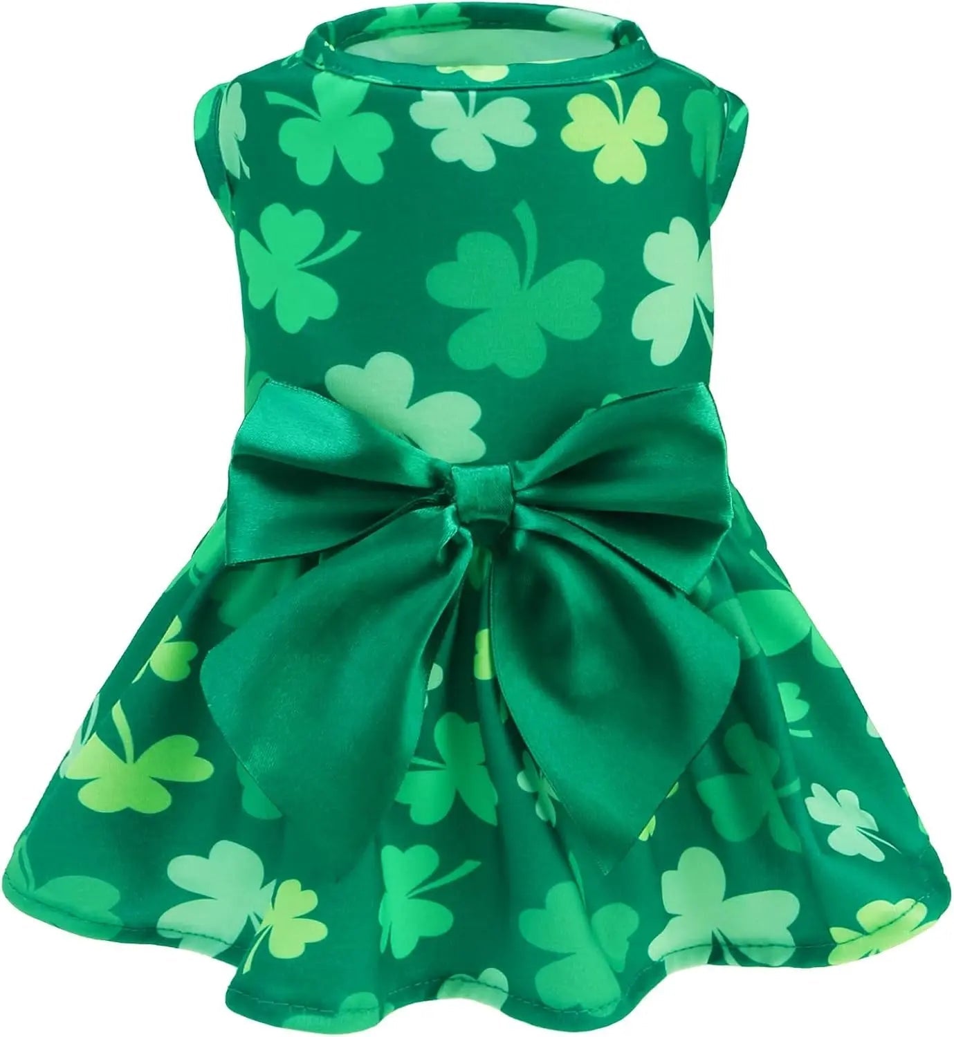 Green clover print dog dress with gathered waist bow, sleeveless