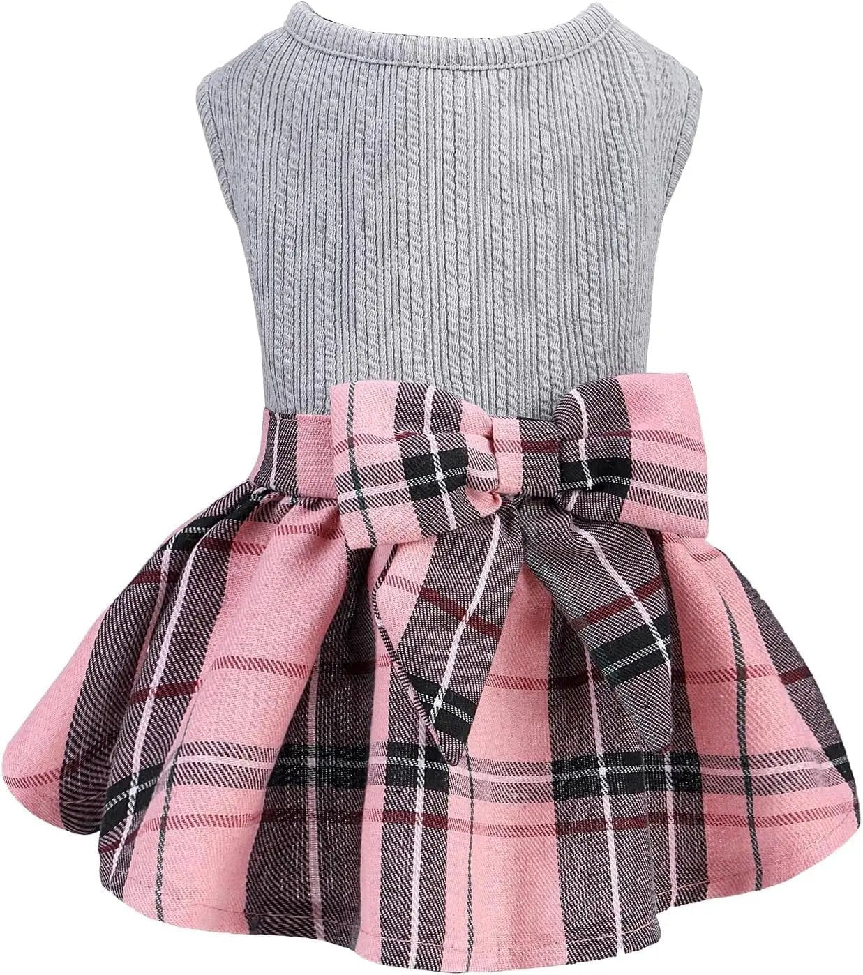 Sleeveless knit dog dress with gray top, pink plaid flare skirt, and bow detail