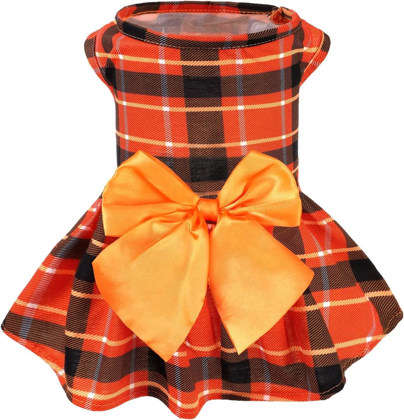 Orange and black plaid dog dress with large orange bow, sleeveless
