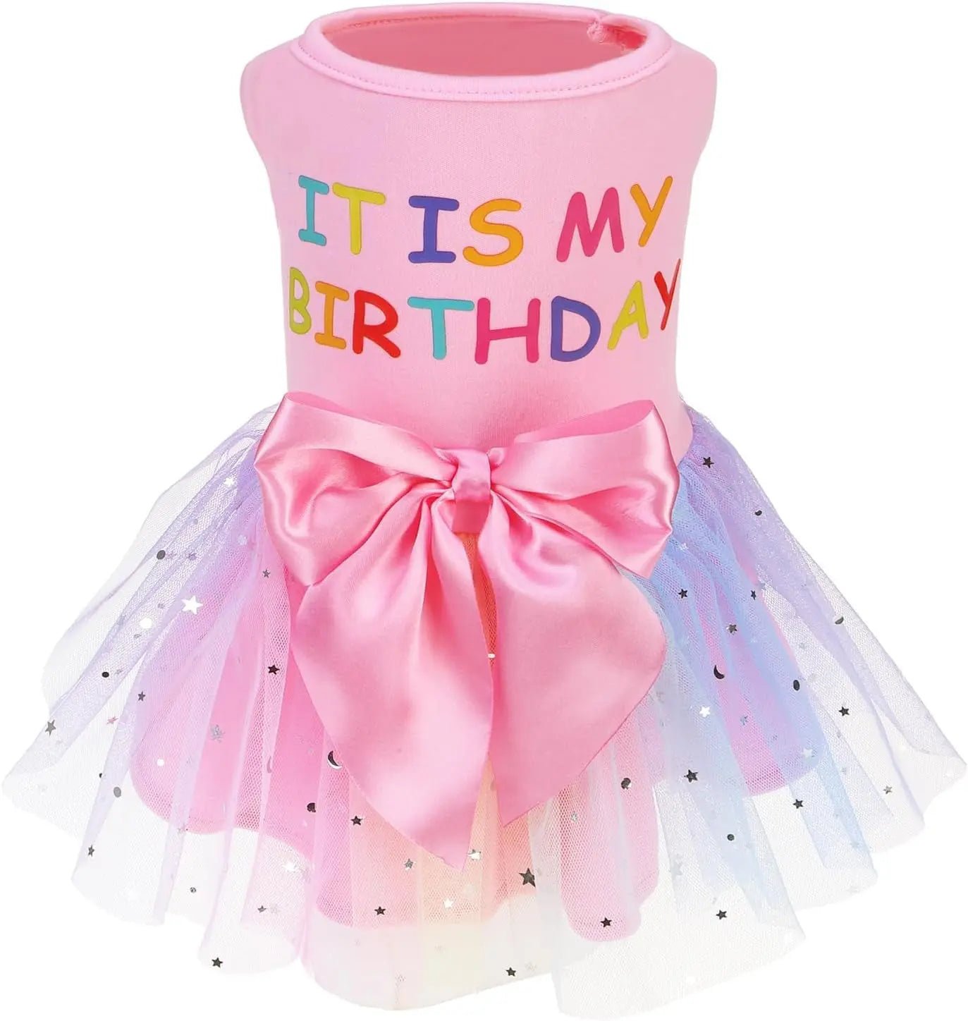 Pink birthday text dog dress with satin bow and starry tulle skirt overlay