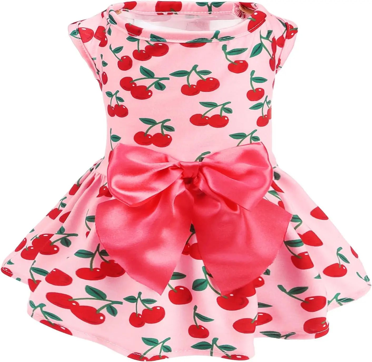 Pink cherry-print dog dress with red satin bow and gathered skirt