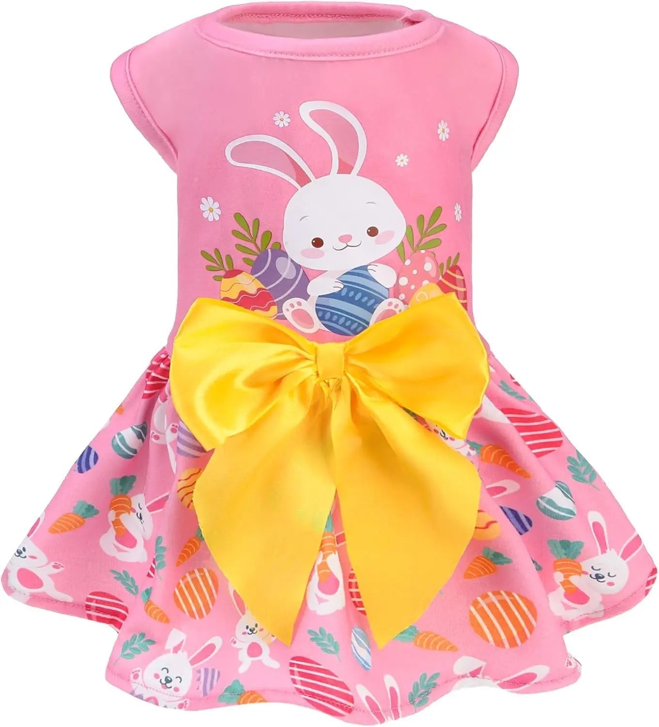 Pink bunny graphic dog dress with yellow bow and colorful striped skirt
