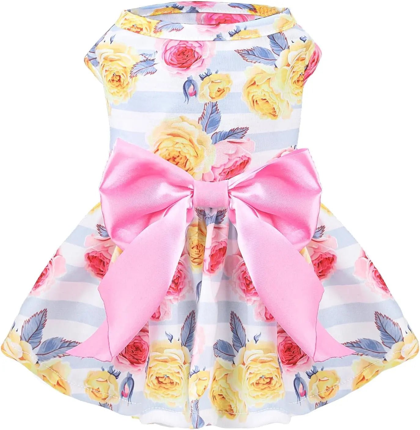 Floral dog dress in white with pink bow and layered skirt silhouette