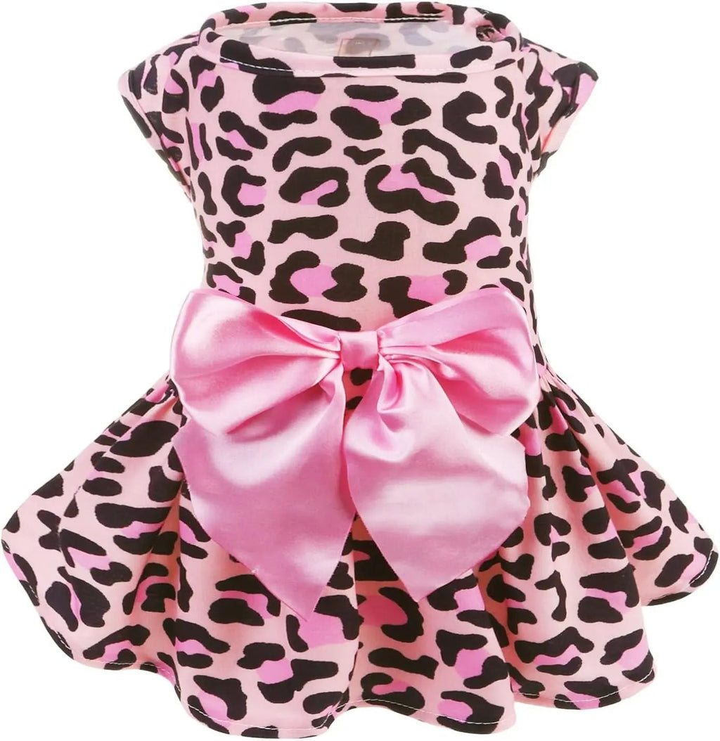 Pink leopard-print dog dress with black trim and satin bow at waist