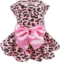 Pink leopard-print dog dress with black trim and satin bow at waist
