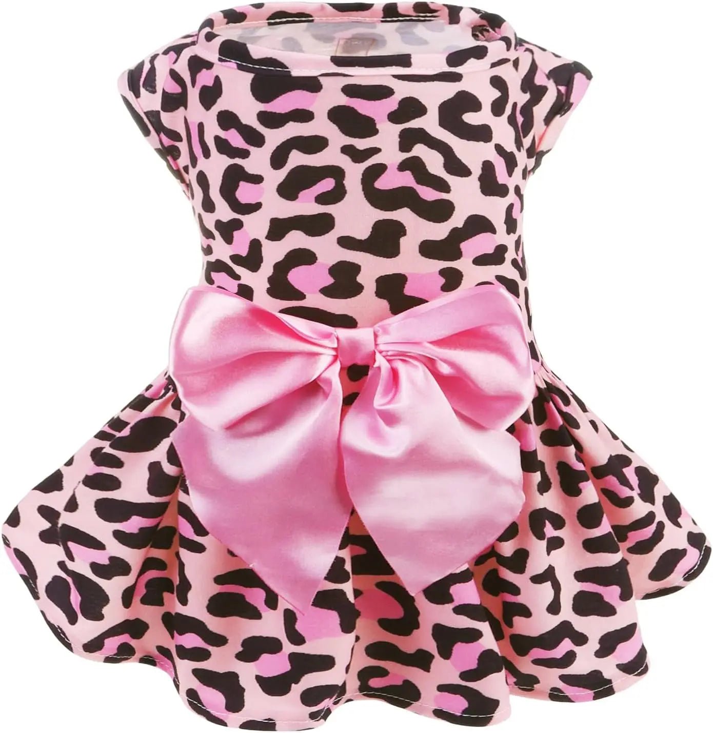 Pink leopard-print dog dress with black details and satin bow