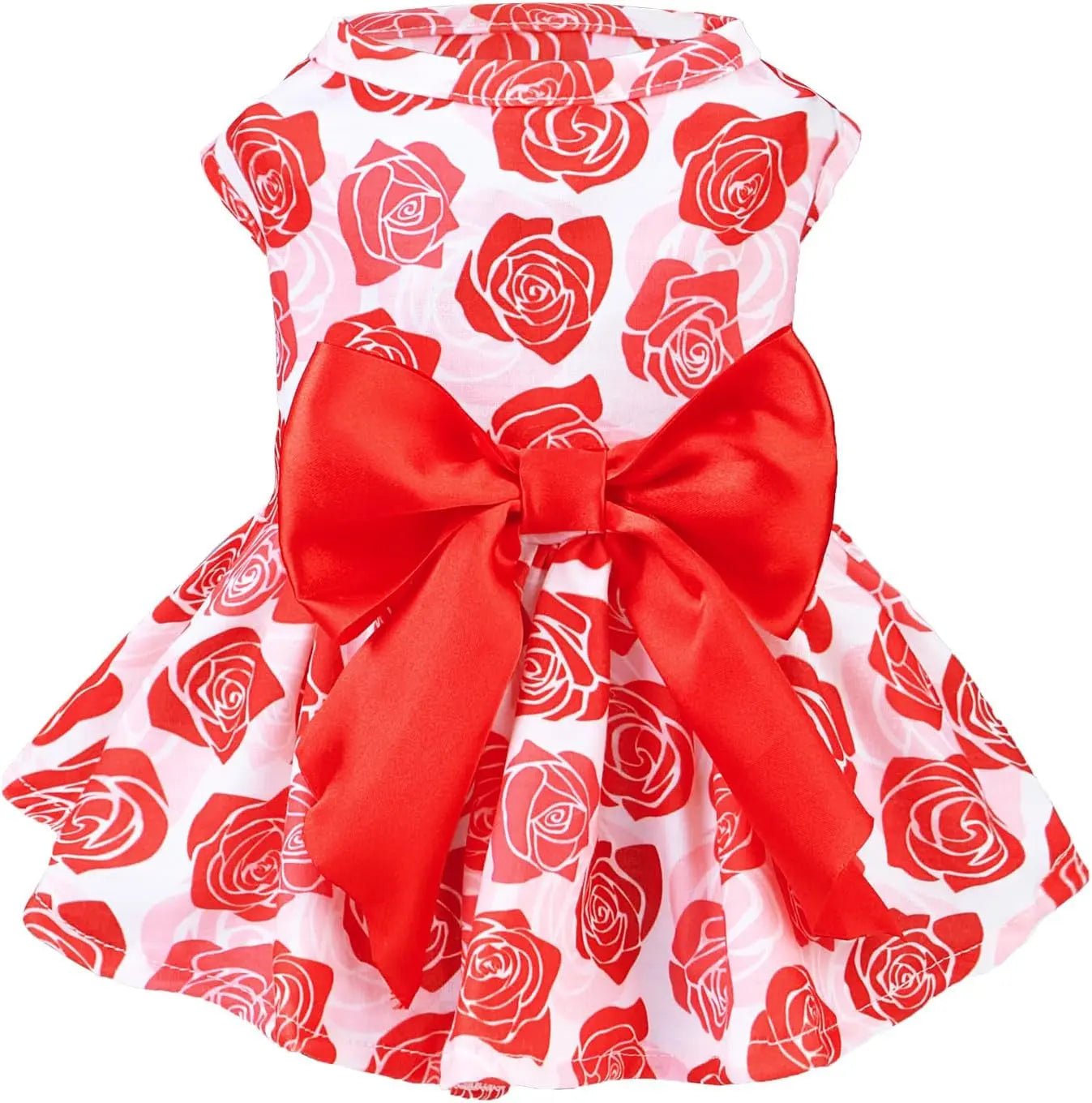 Cotton dog dress with red rose print, sleeveless, and large red bow at waist