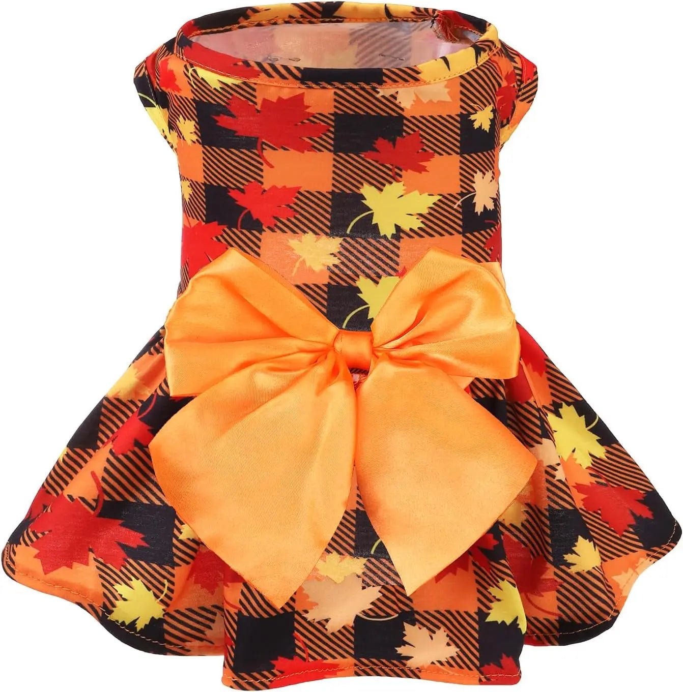 Maple leaf plaid dog dress with orange bow and sleeveless high neckline