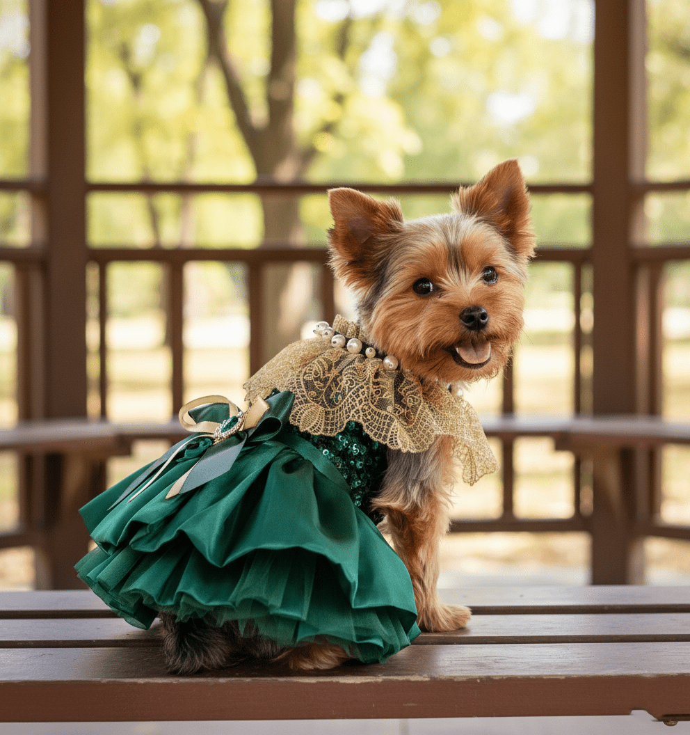 Yorkie wearing a dark green velvet dog dress with gold lace collar and layered skirt