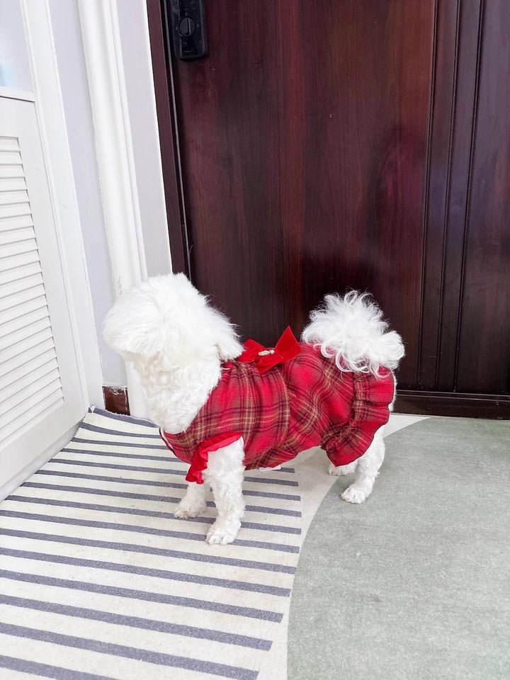 Back view of dog in red plaid dress with matching hat and fluffy pom-pom details.