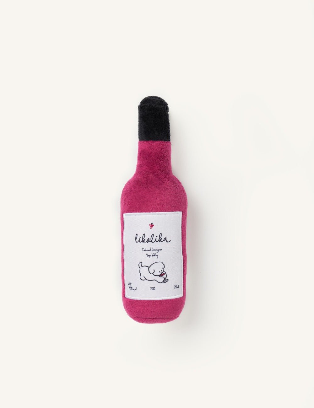 Burgundy plush wine-bottle toy with label for dog treat hiding play