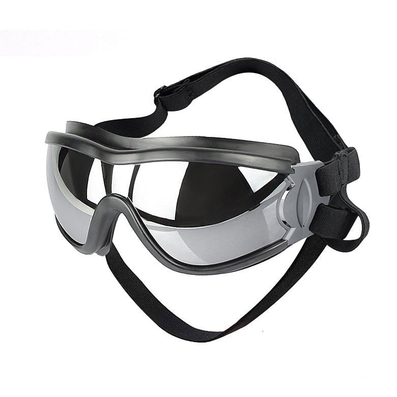Dog anti-UV goggles with black elastic strap and clear gray-tinted lenses