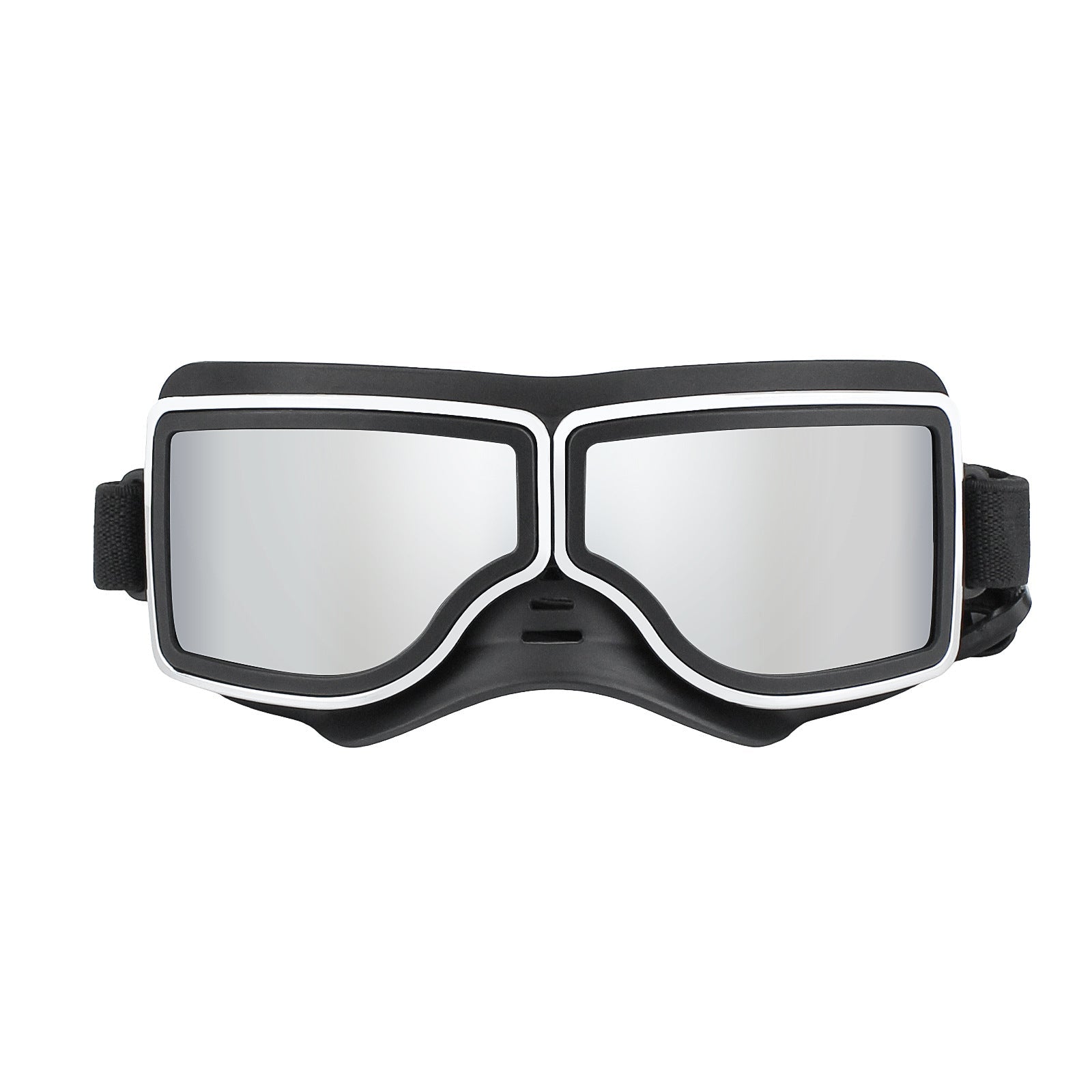 Black pilot dog goggles with wide clear-to-mirrored lenses and padded side straps