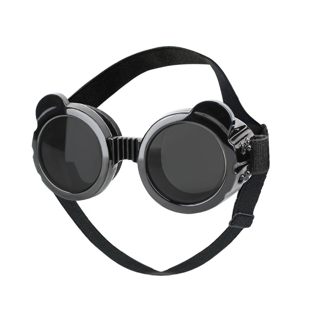 Dog goggles with round black frames, dark lenses, and adjustable strap