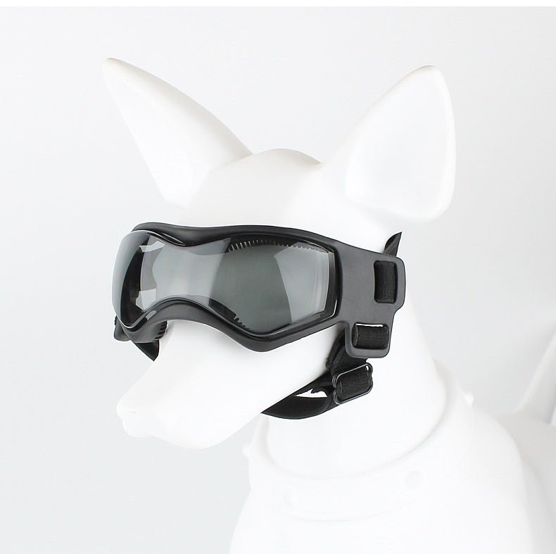 Black dog goggles sunglasses on a white dog head form with side strap buckle
