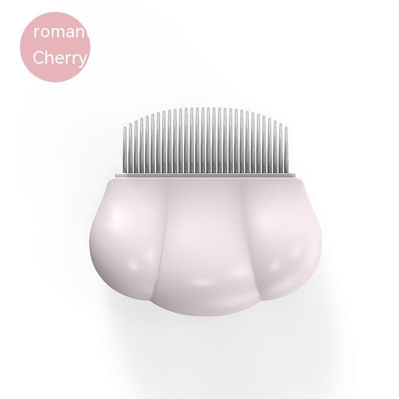 Small pet shell grooming comb with fine metal teeth, soft pink curved handle