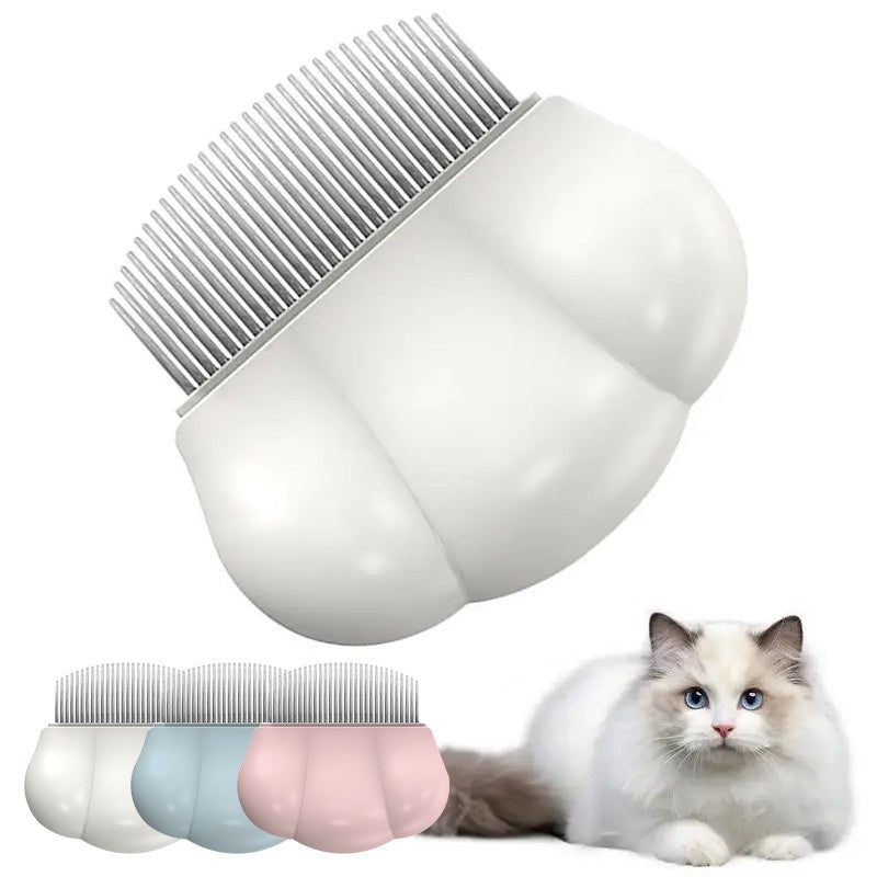Small pet shell grooming comb with fine metal teeth, white curved handle for removing tangles