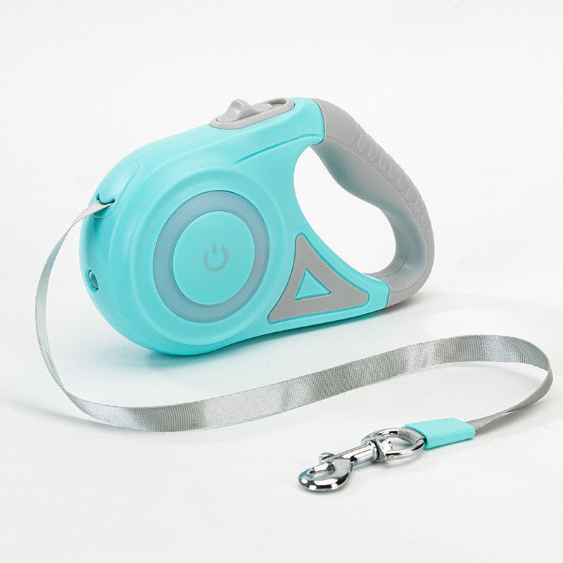 Retractable dog leash controller in teal with gray strap and metal clip