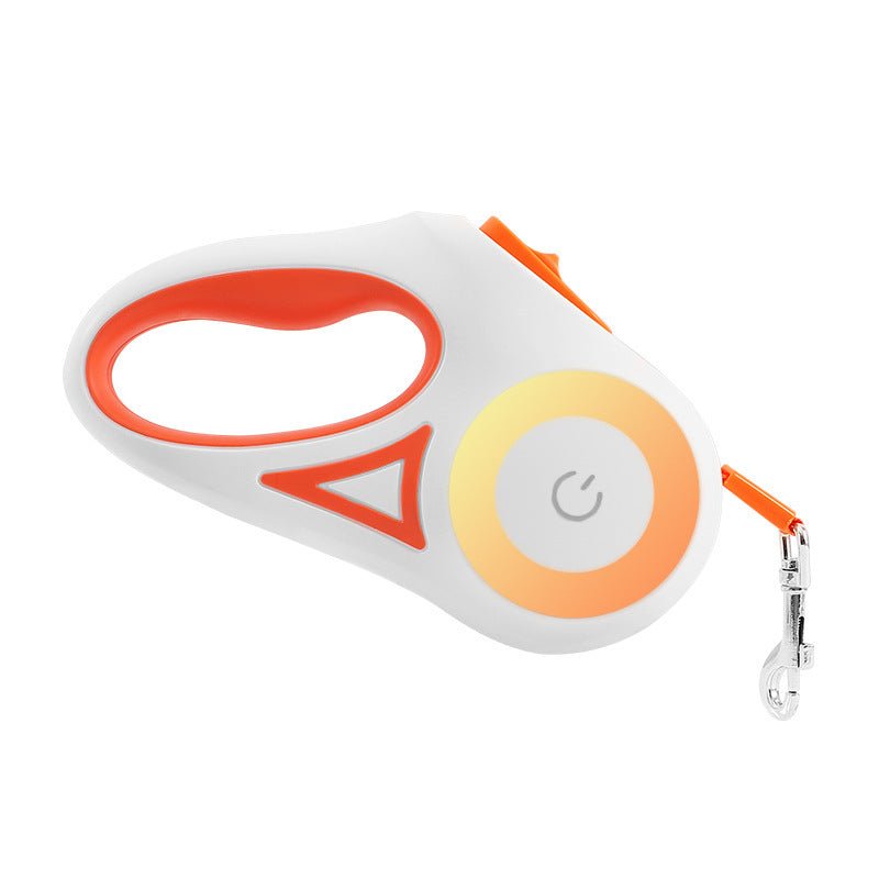 Retractable LED pet leash device with orange strap, side view and glowing light ring