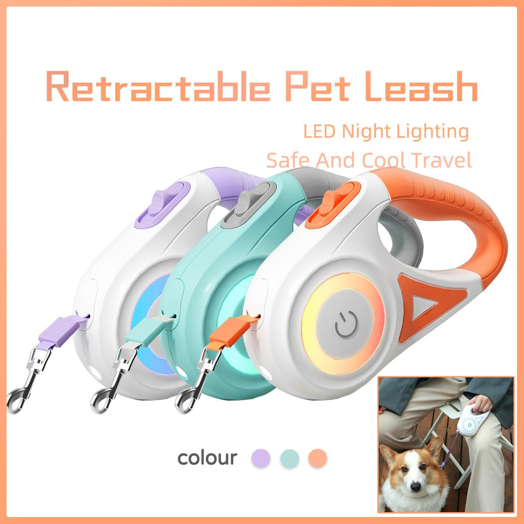 Retractable LED pet leash set with glowing light, purple, mint, and orange strap options