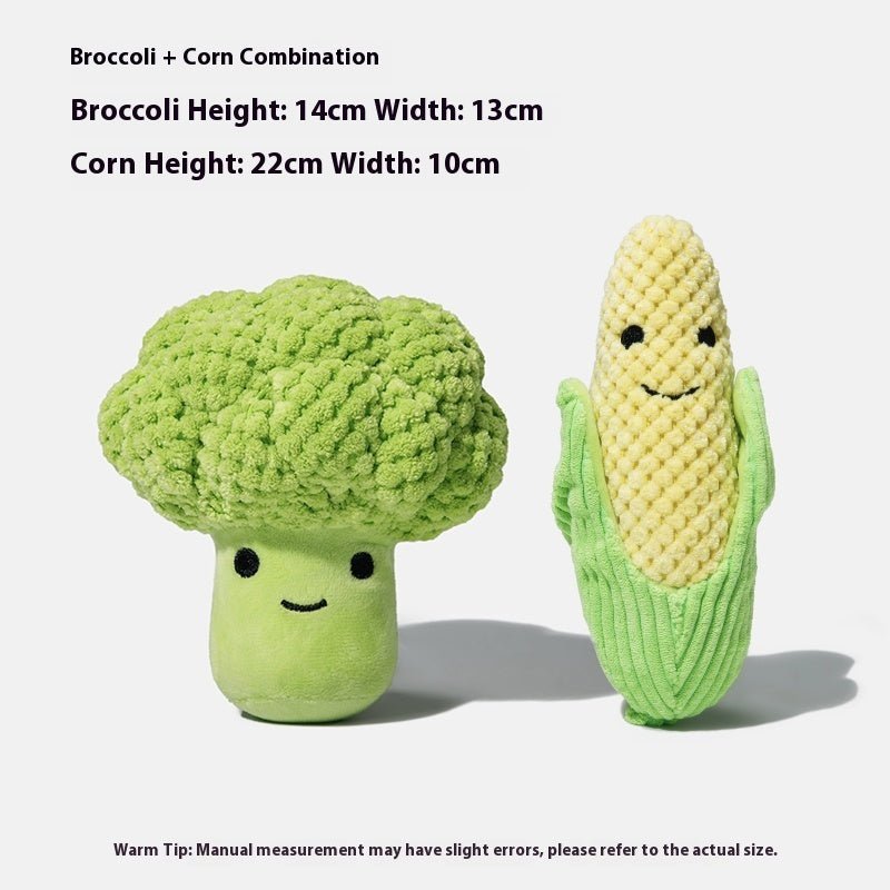 Green plush broccoli and yellow corn combo dog chew toys with smiling faces.