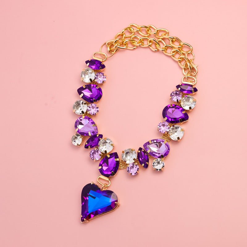 Purple crystal heart dog necklace with gold chain and teardrop stone charms
