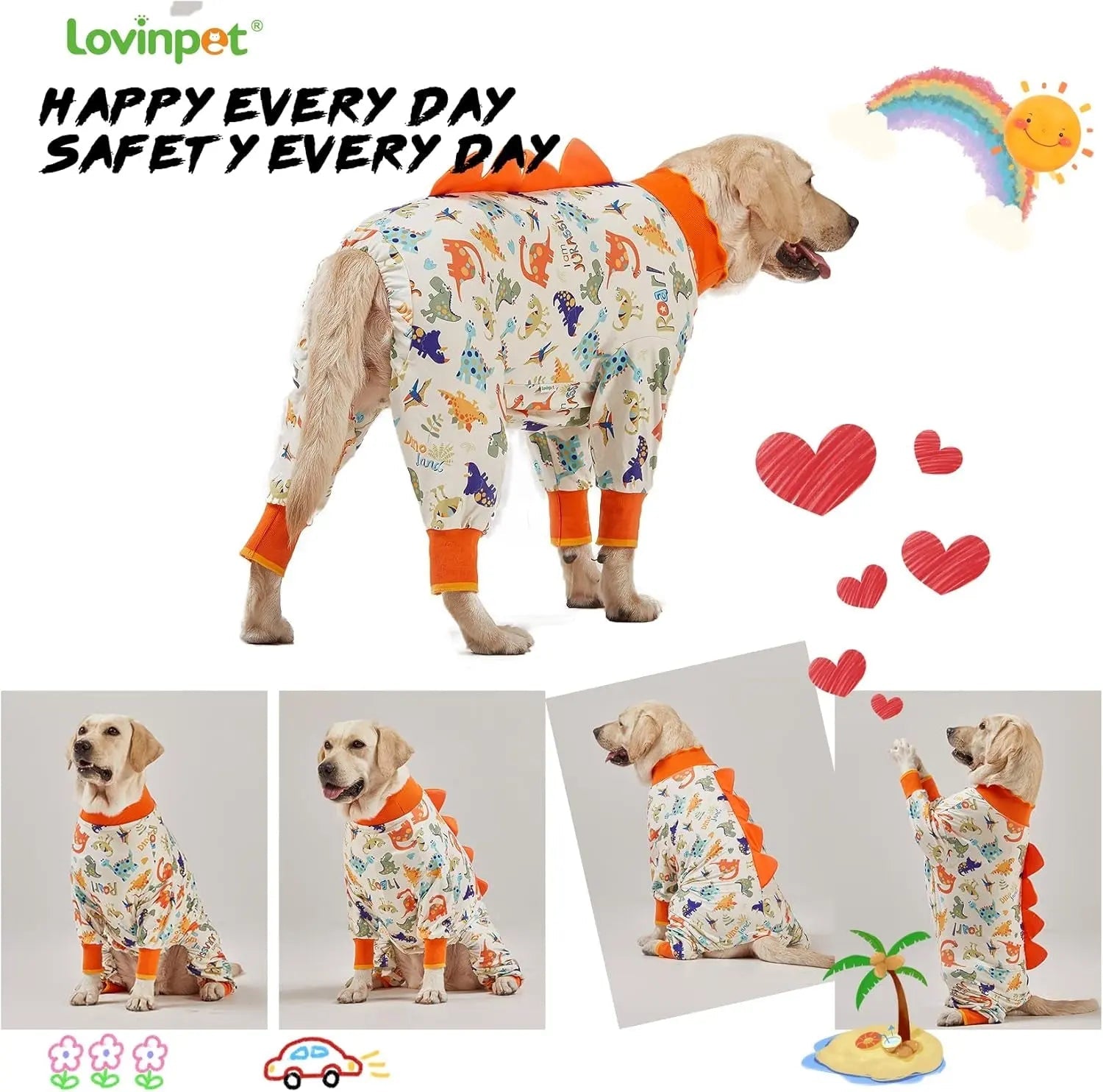 Dog recovery suit with colorful dinosaur print and orange cuffs, shown standing