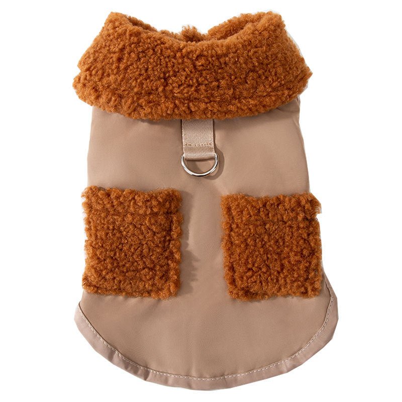 Beige dog sweater coat with tan sherpa trim, square pockets, and silver leash ring