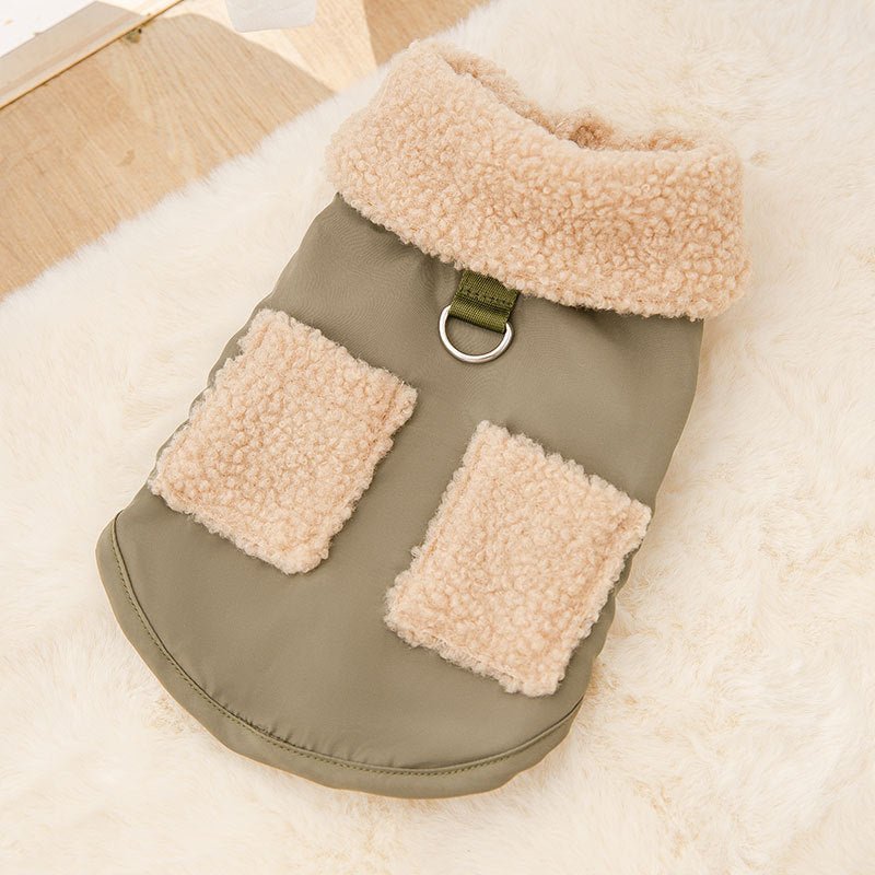 Small dog sweater coat with green fabric and beige sherpa collar and pocket patches