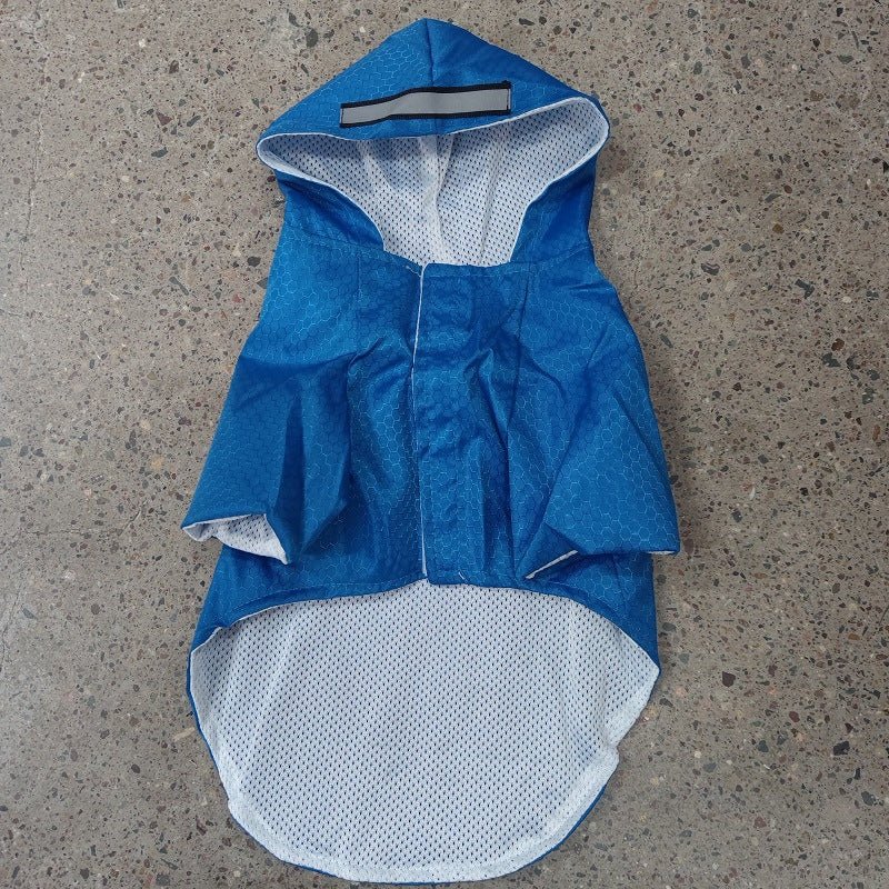 Blue dog raincoat with hood, mesh lining, and adjustable strap on the top.