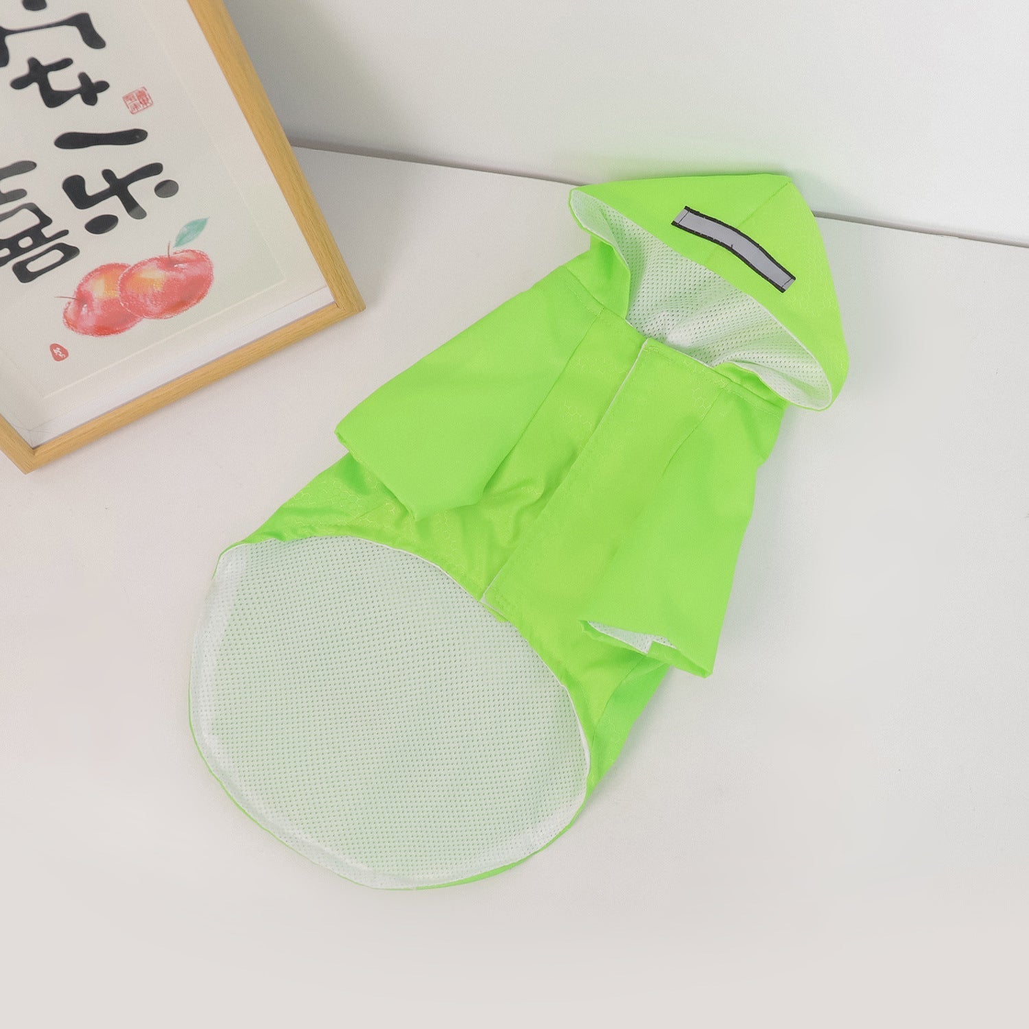 Light green dog raincoat with hood, mesh lining, and hook-and-loop strap on back.