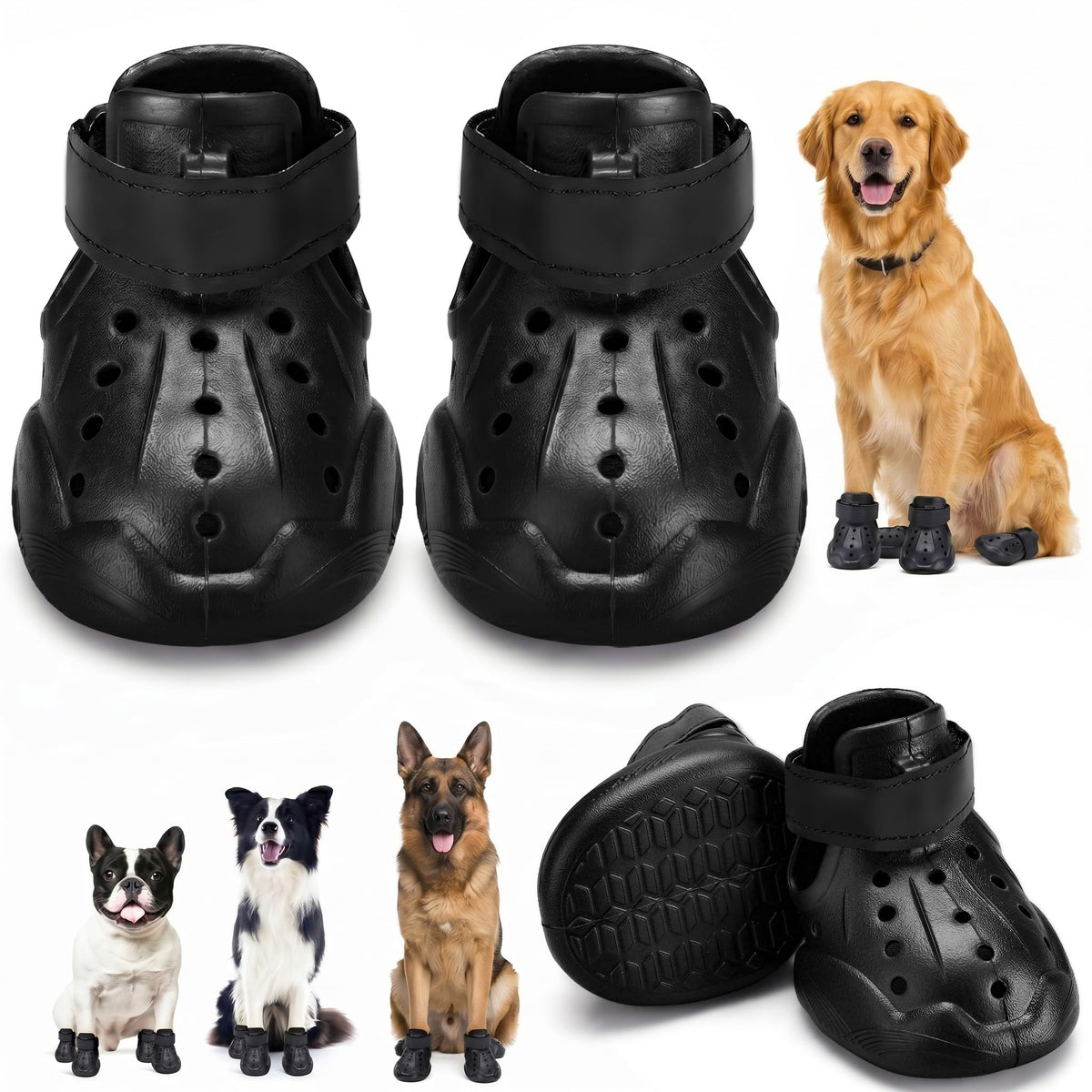 Black dog clogs booties with strap and vent holes, pair and outsole view