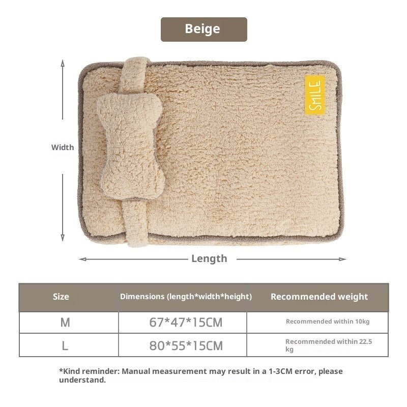 Beige plush pet sofa bed with headrest bolster and length/width scale