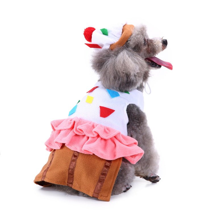 White and pink holiday dog dress with rainbow head scarf and brown skirt panel