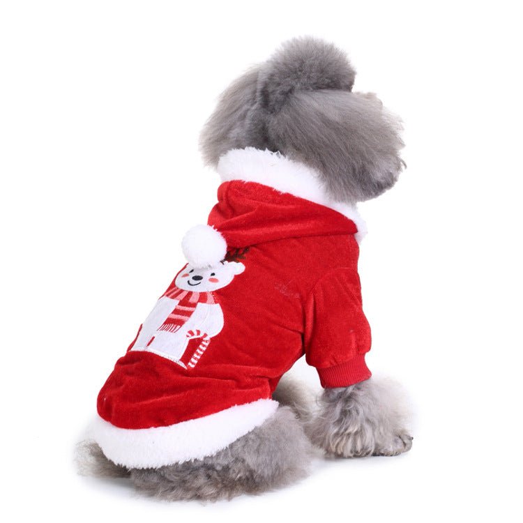 Dog red Santa hoodie with white trim and snowman graphic on back