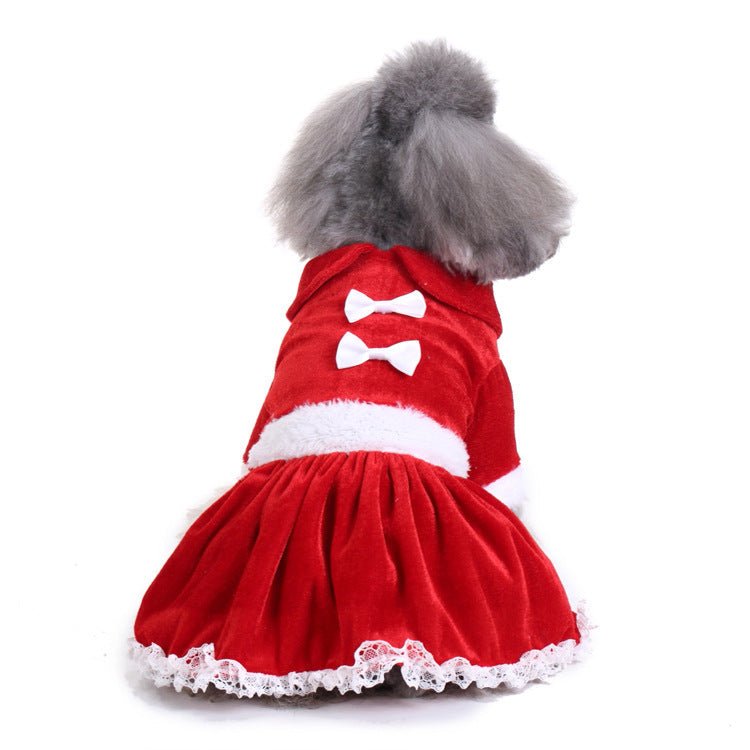 Dog red Christmas dress with white bow details and lace-trim hem
