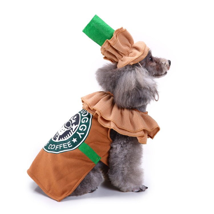 Dog coffee-themed outfit with brown vest, green cap, and orange collar